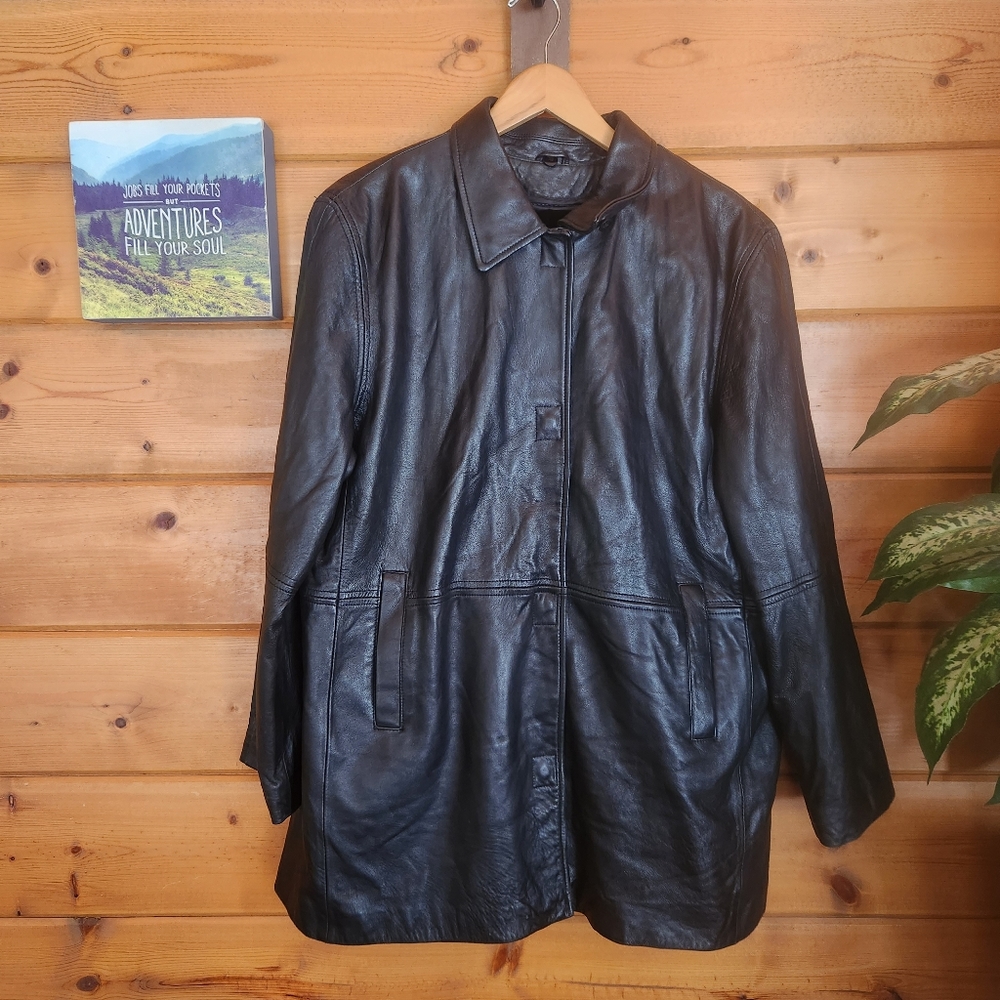 JLC 💜 New‎ York Outerwear Black Soft Leather Jacket Zip In Velour Lined Coat XL